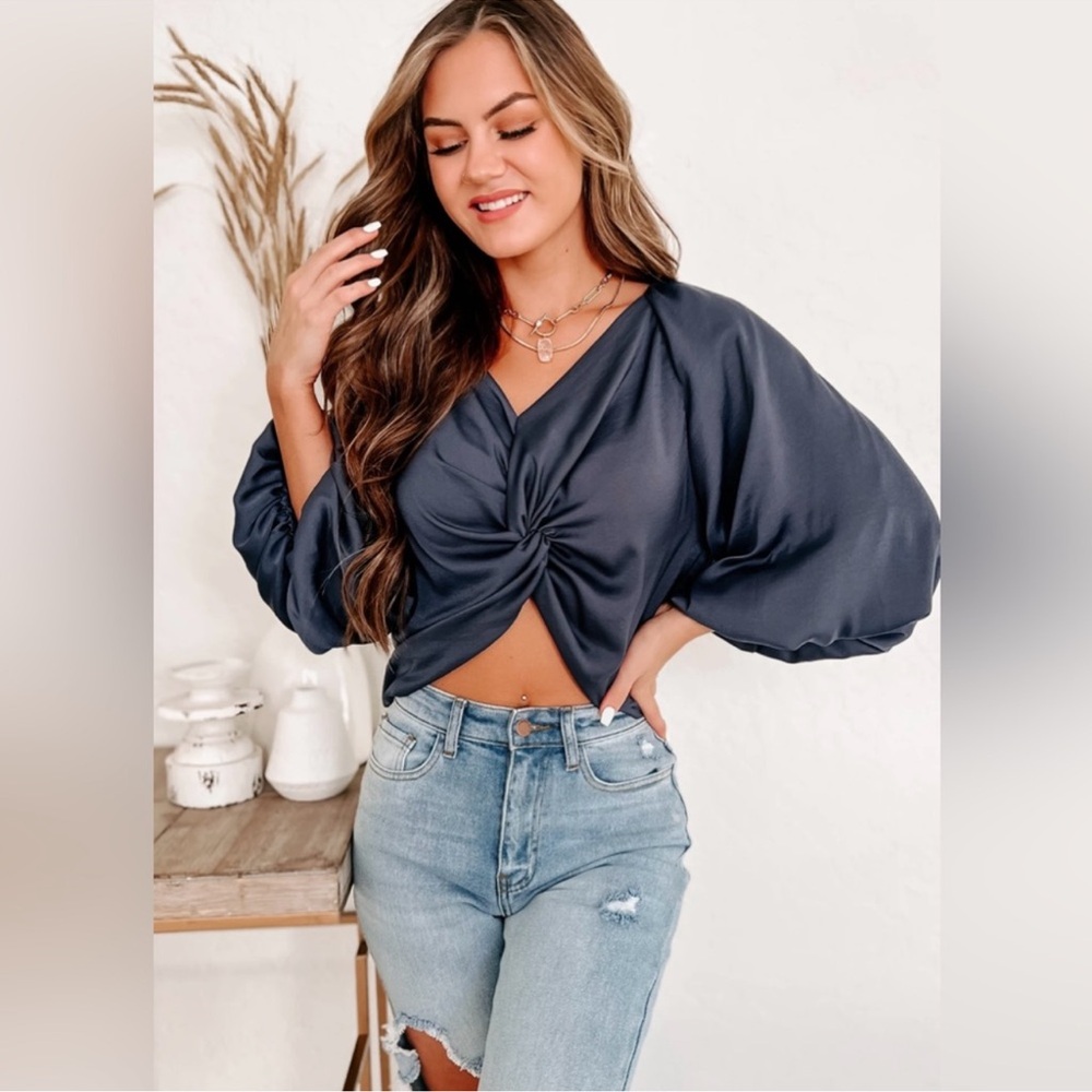 NanaMacs Twist Front Bubble Sleeve Elegant Navy Blue Women's Top